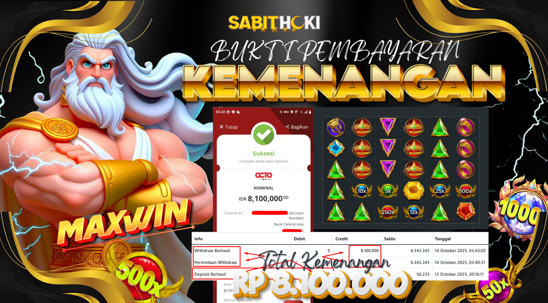SELAMAT KEPADA MEMBER SETIA SABITHOKI YANG BERHASIL JACKPOT DI PERMAINAN GATES OLYMPUS X1000